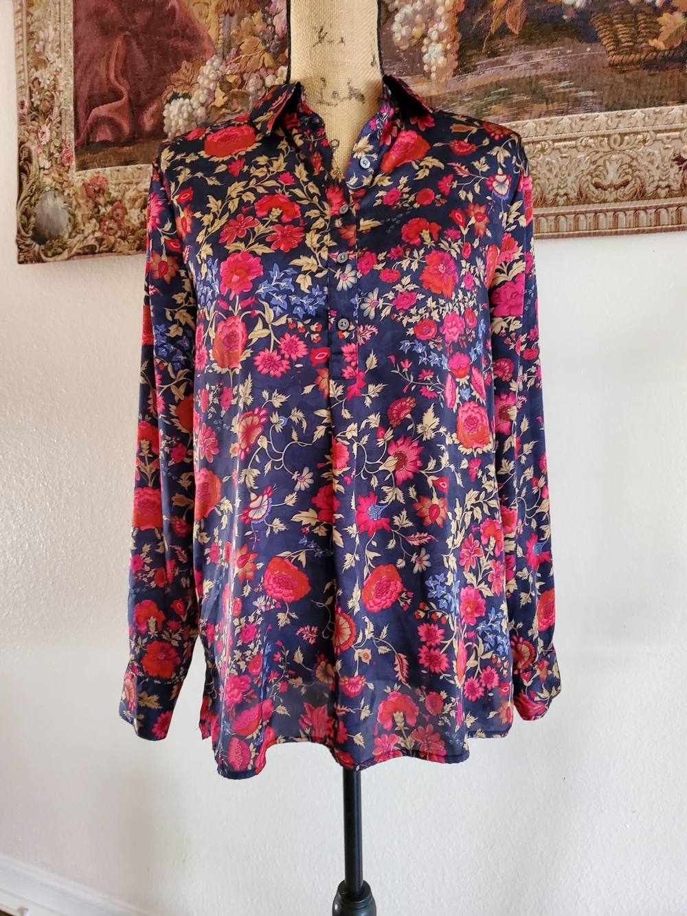 Polo by Ralph Lauren Navy Floral Button-Down Shirt with Pink and Red Flowers